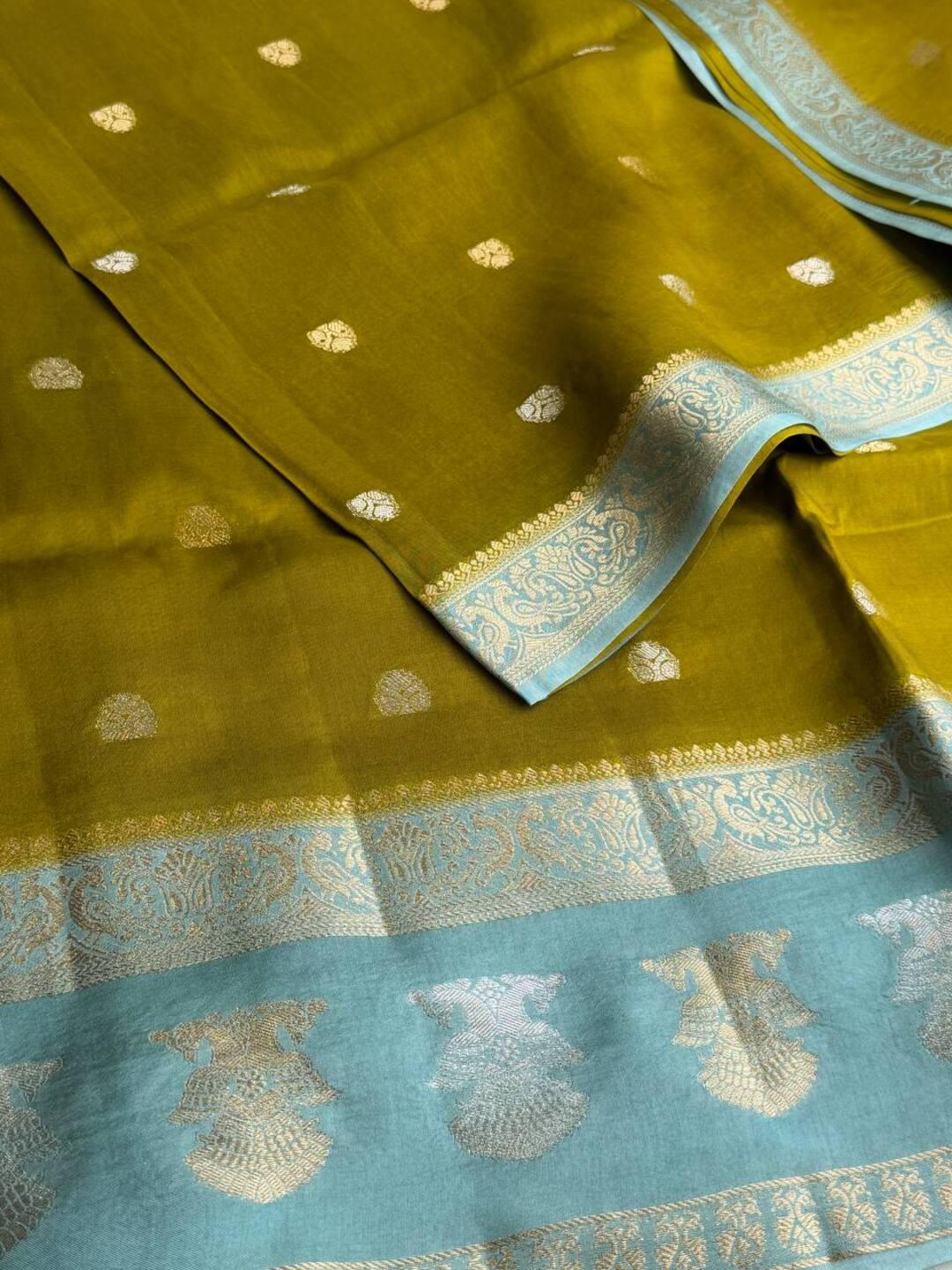 Olive Green With Sky Blue Banaras Cotton Saree