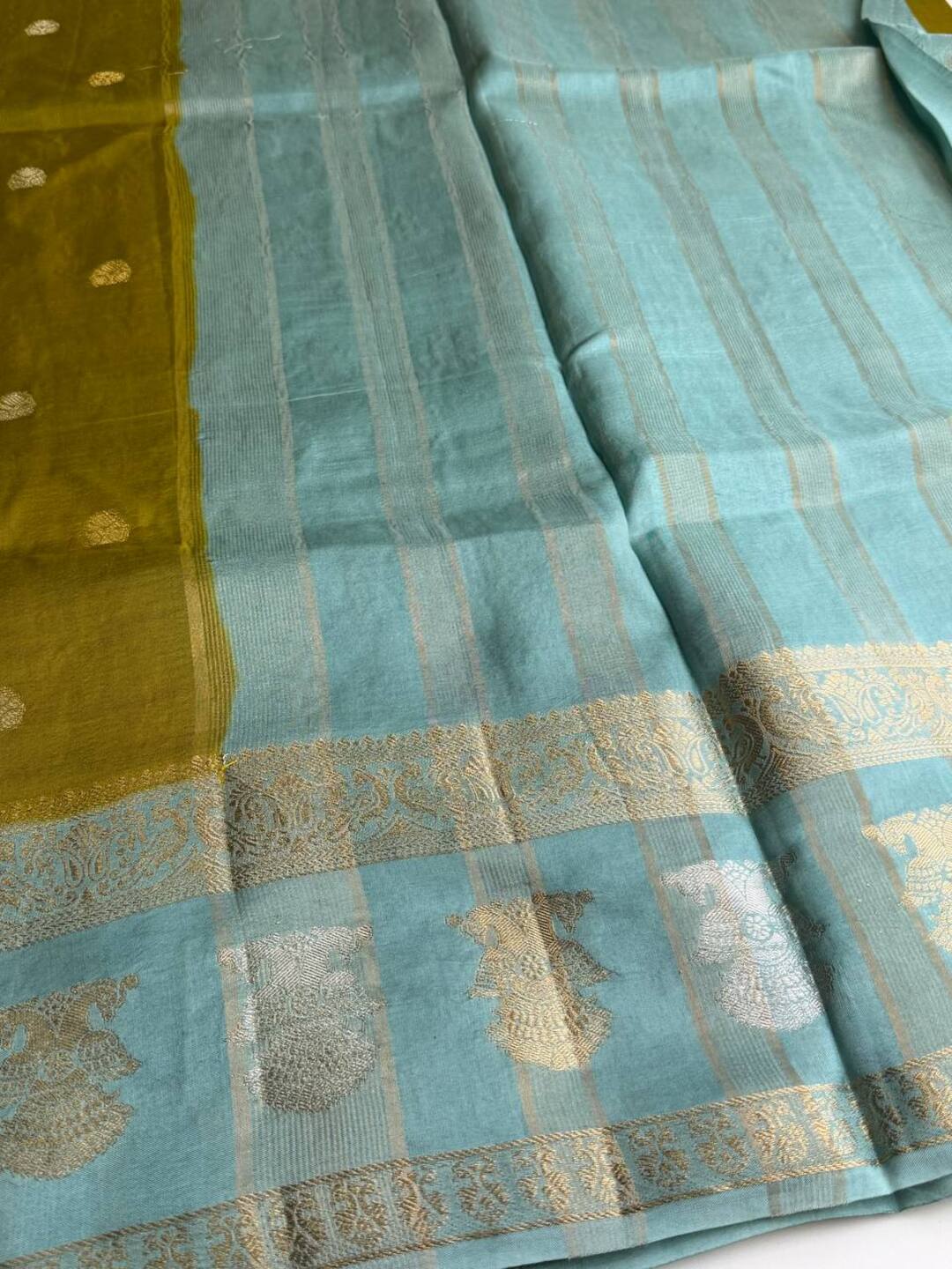 Olive Green With Sky Blue Banaras Cotton Saree