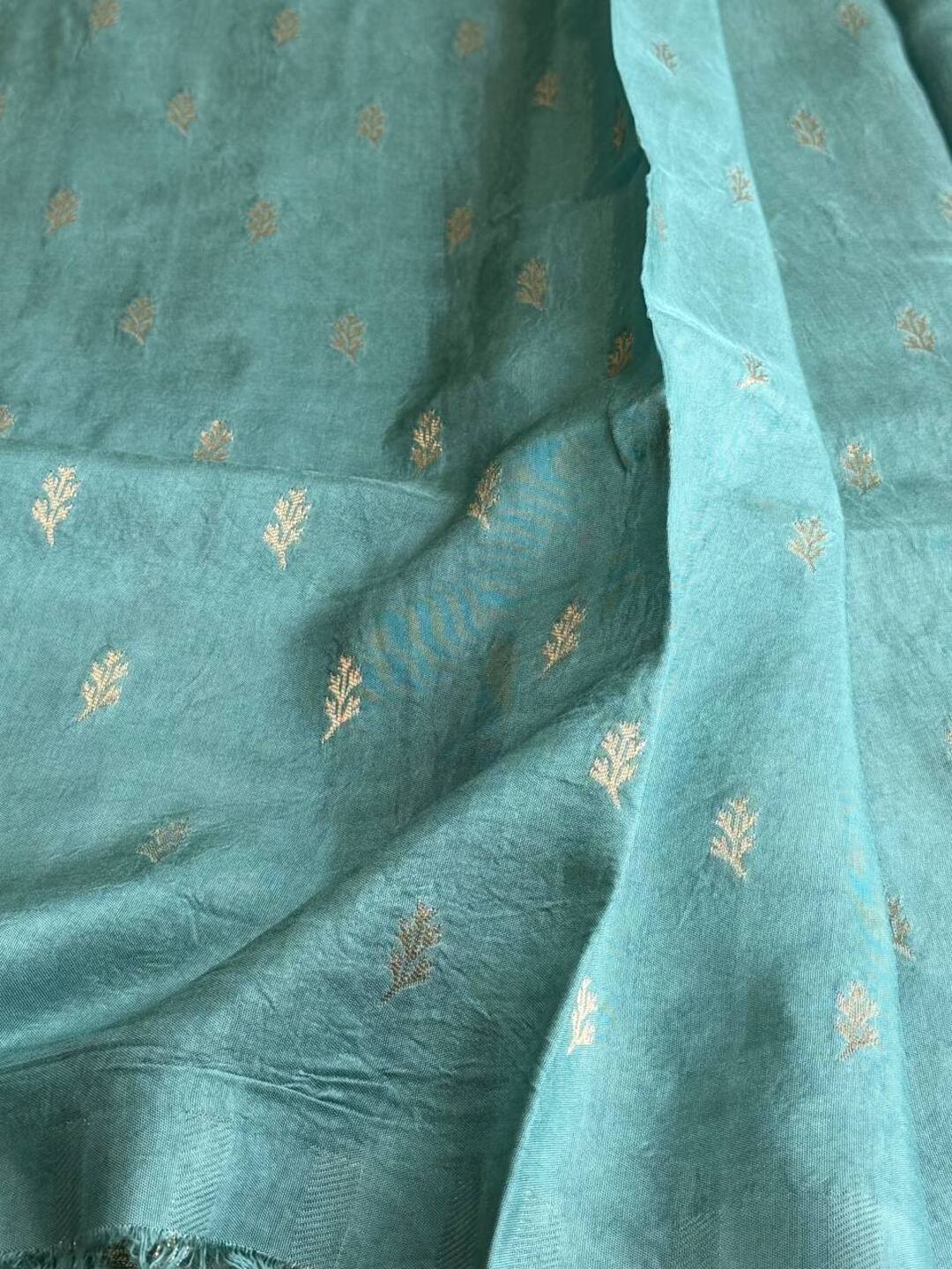Olive Green With Sky Blue Banaras Cotton Saree