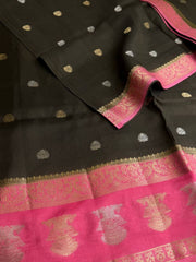 Olive Green With Pink Banaras Cotton Saree