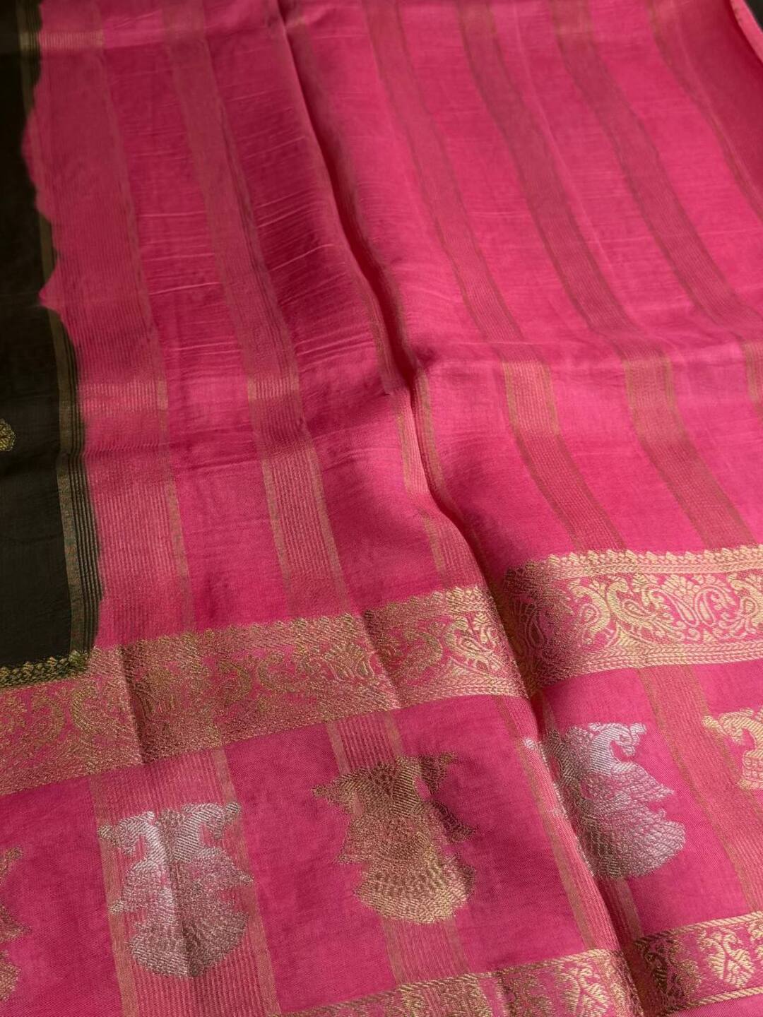 Olive Green With Pink Banaras Cotton Saree