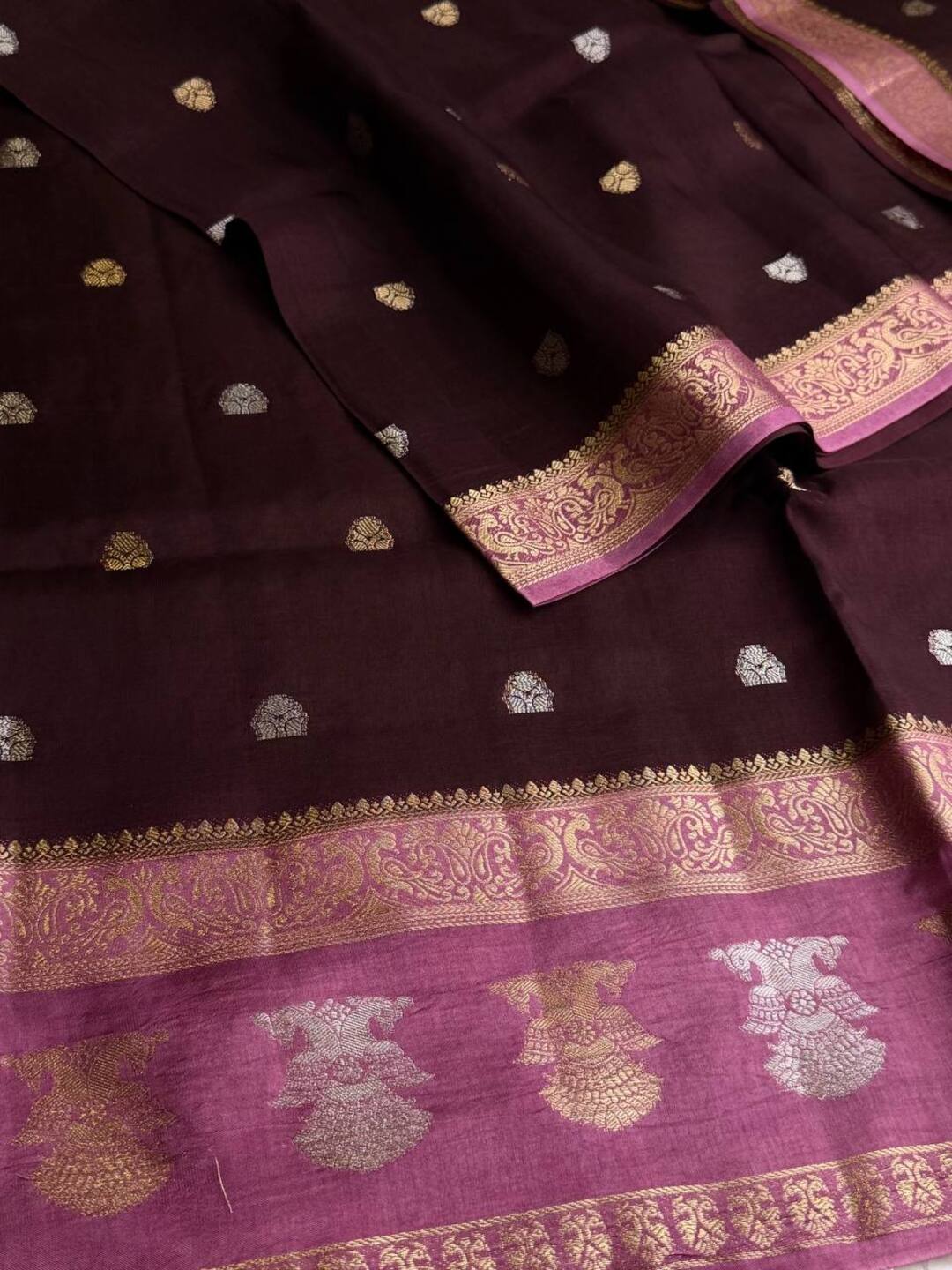 Wine Purple With Light Pink Banaras Cotton Silk Saree