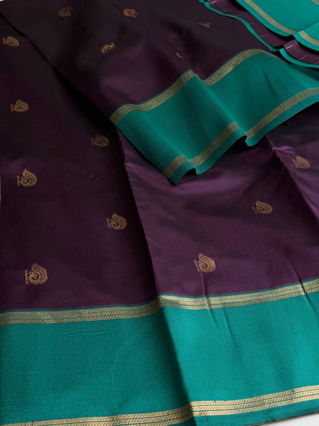 Royal Purple With Peacock Green Cotton Silk Saree