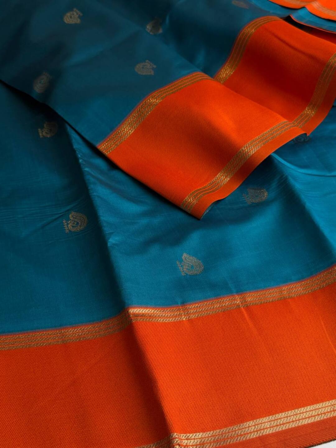 Sky Blue With Orange Cotton Silk Saree