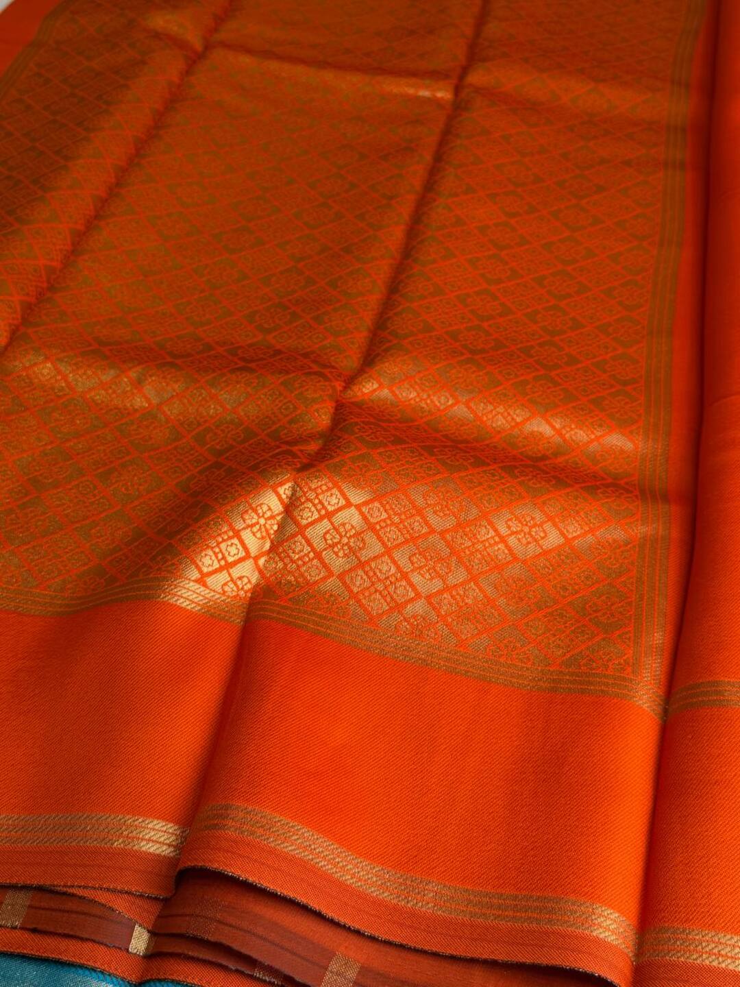Sky Blue With Orange Cotton Silk Saree