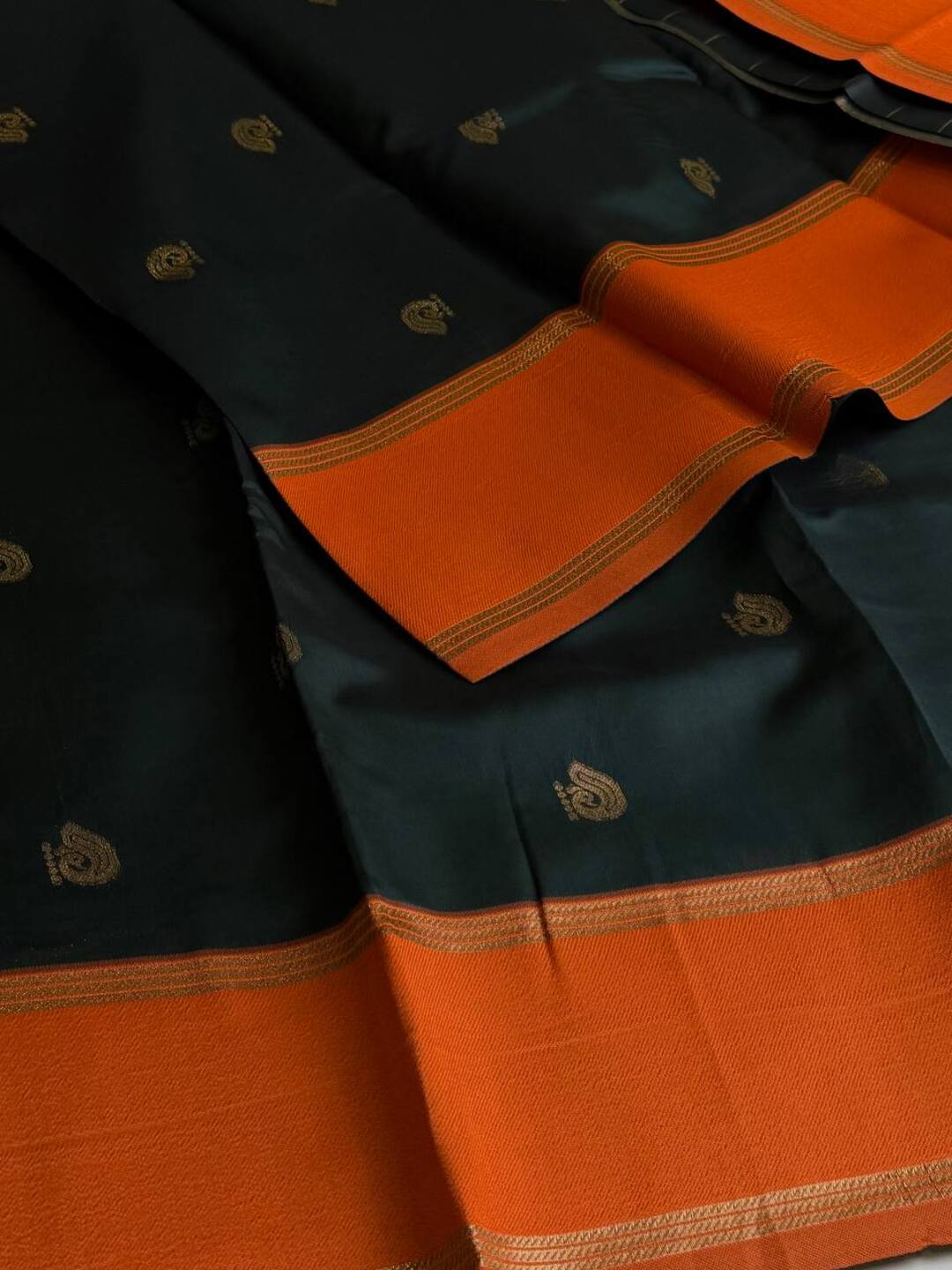 Emerald Green With Orange Cotton Silk Saree