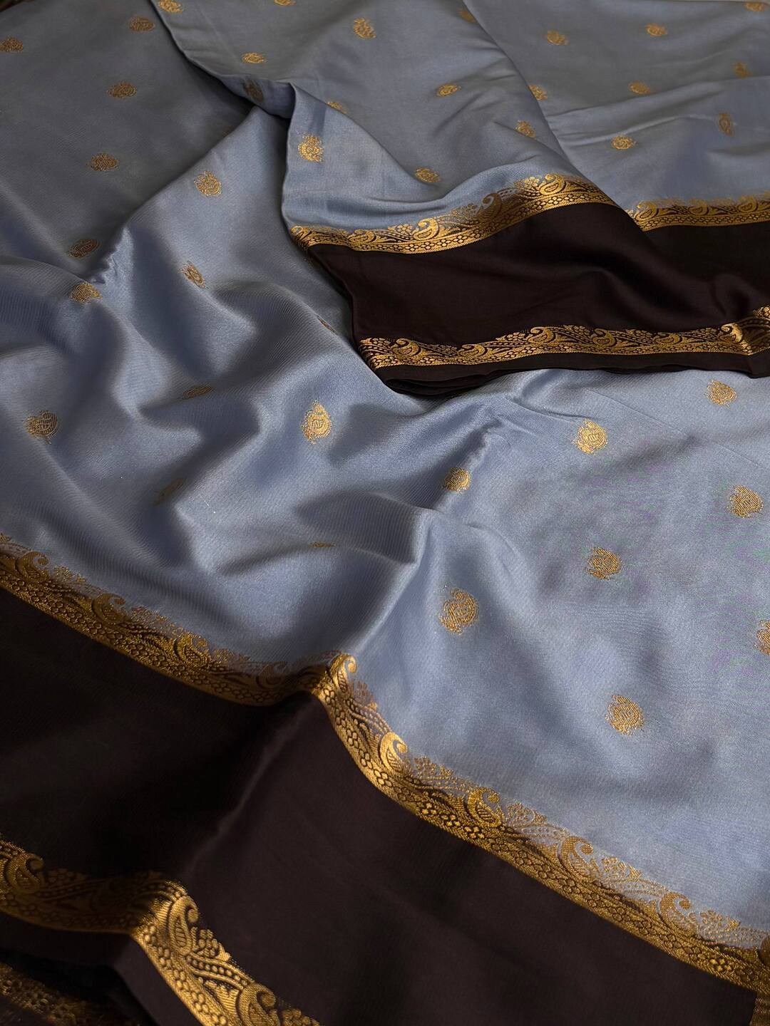 Dusty Blue Semi Mysore Chiffon Silk Saree
