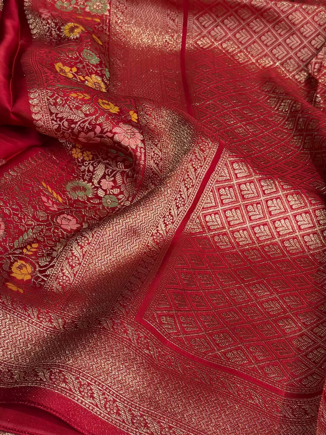Cherry Red Banaras Satin Silk Saree