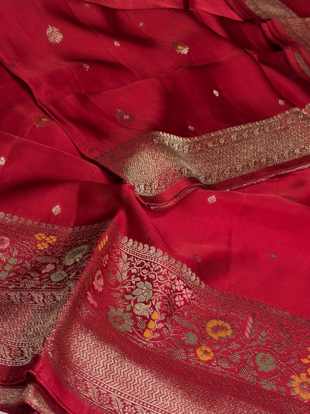 Cherry Red Banaras Satin Silk Saree