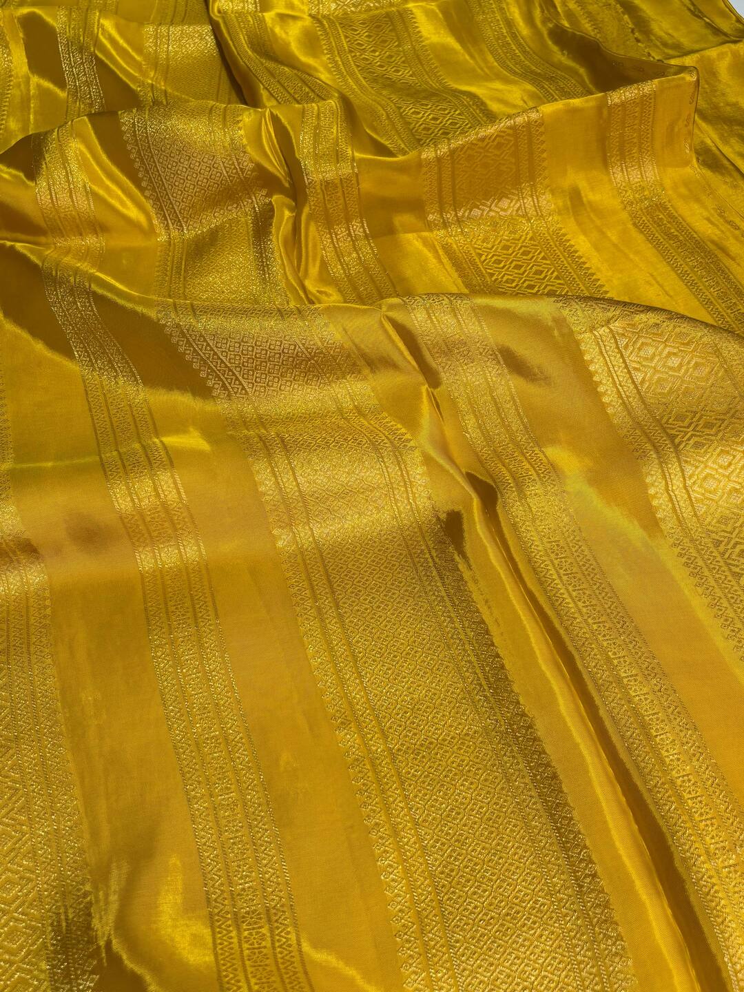 Lemon Yellow Banaras Satin Silk Saree