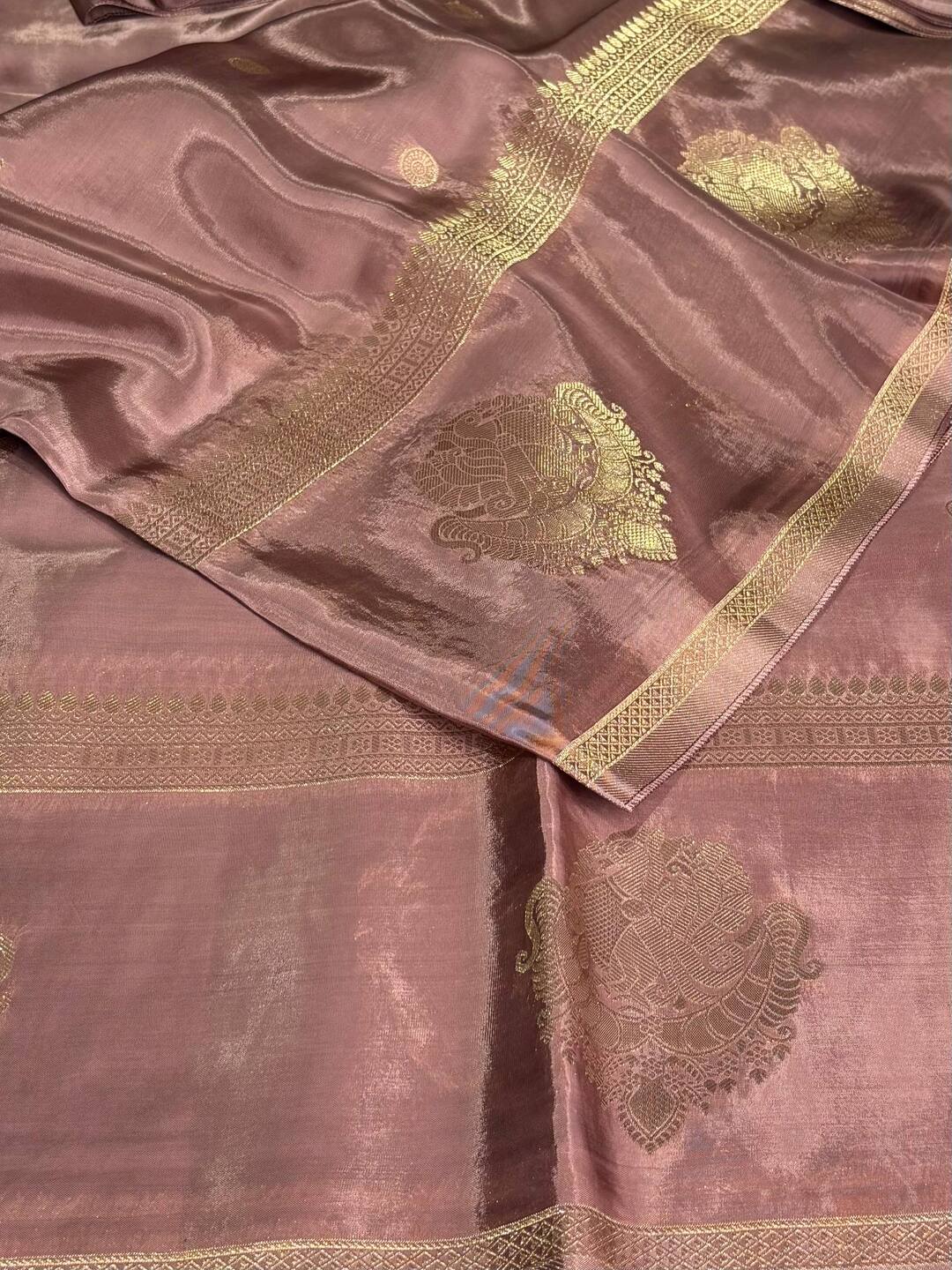 Rose Gold Banaras Satin Silk Saree