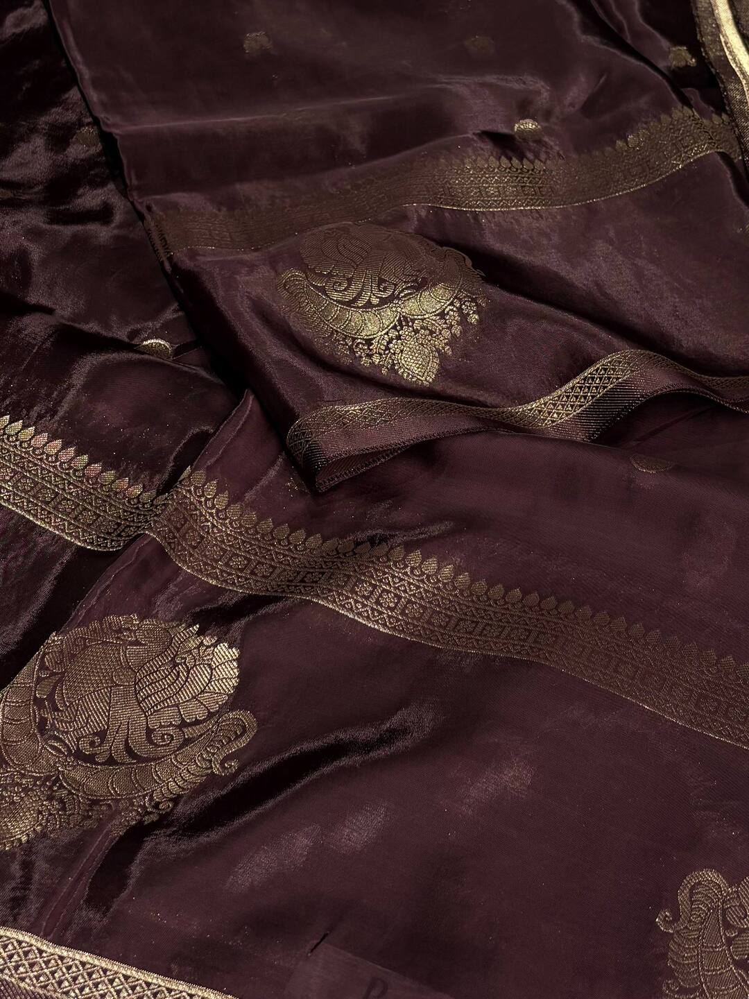 Dark Brown Banaras Satin Silk Saree