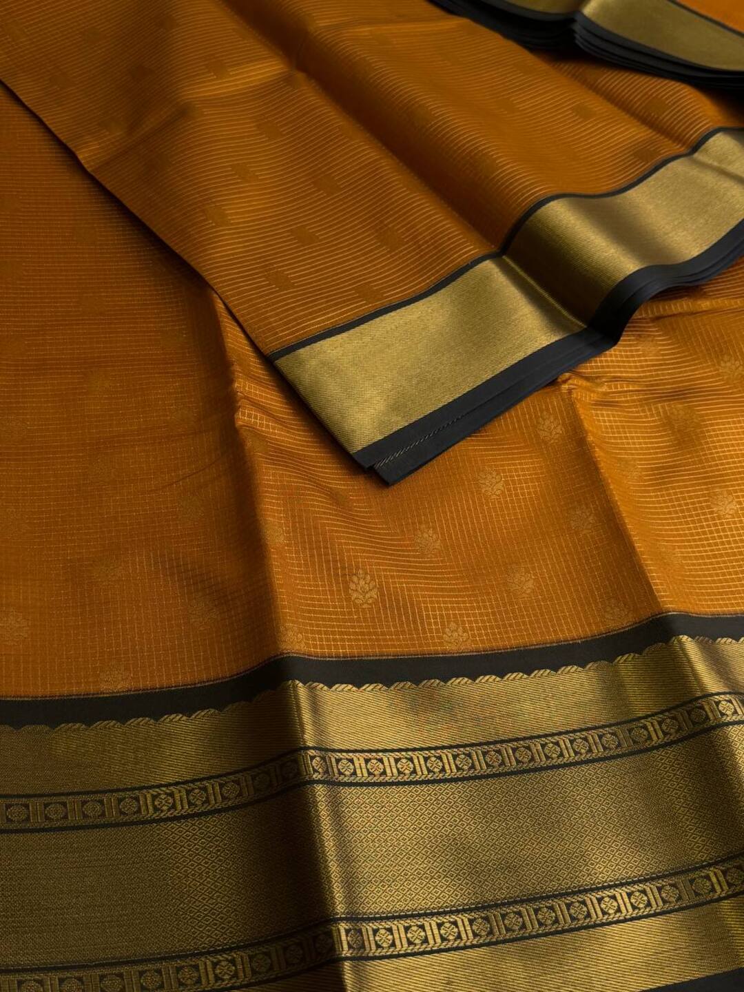 Mustard Orange Checked Cotton Silk Saree