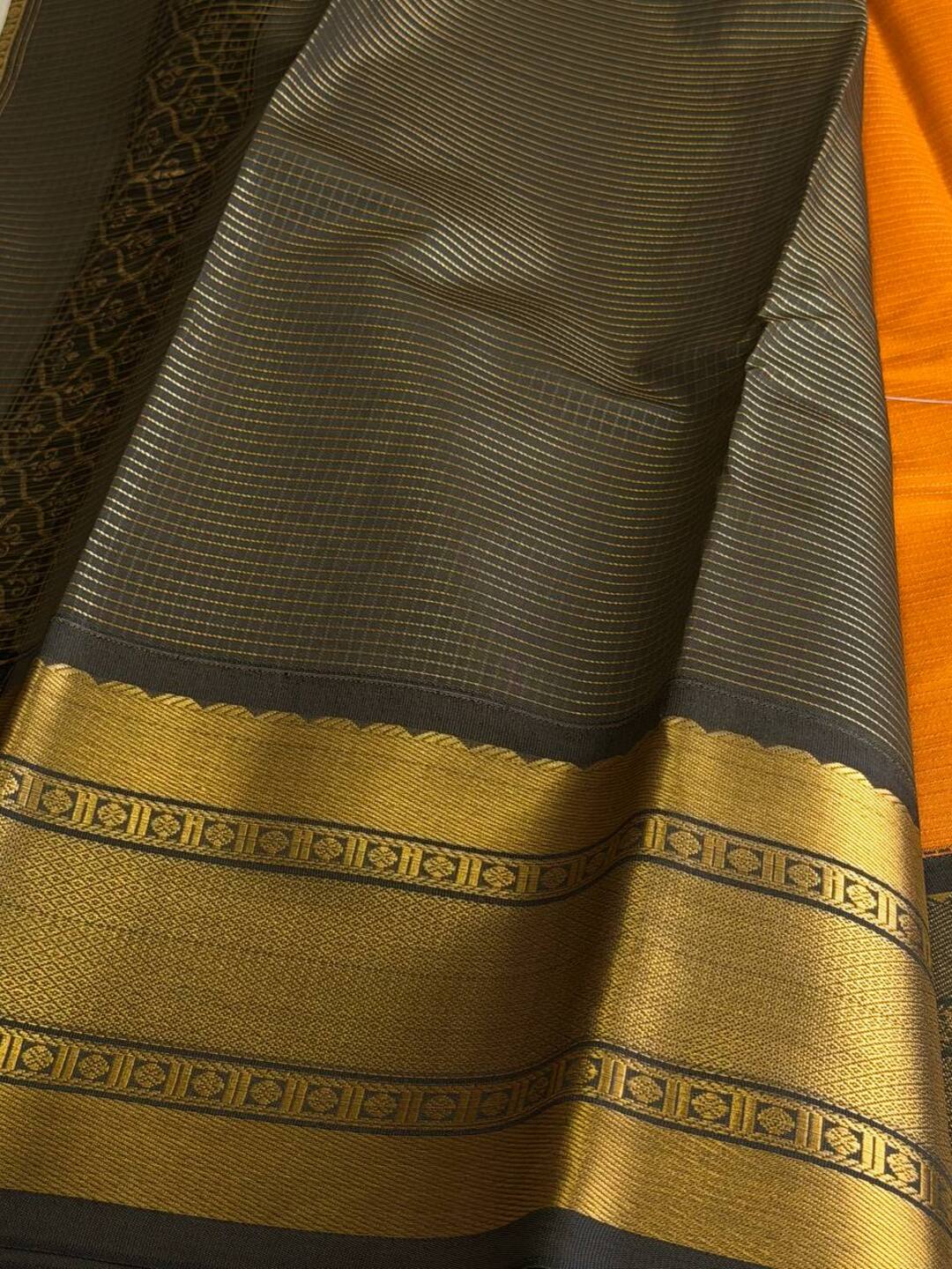 Mustard Orange Checked Cotton Silk Saree