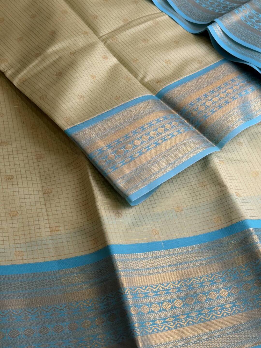 Mint Green Checked Cotton Silk Saree
