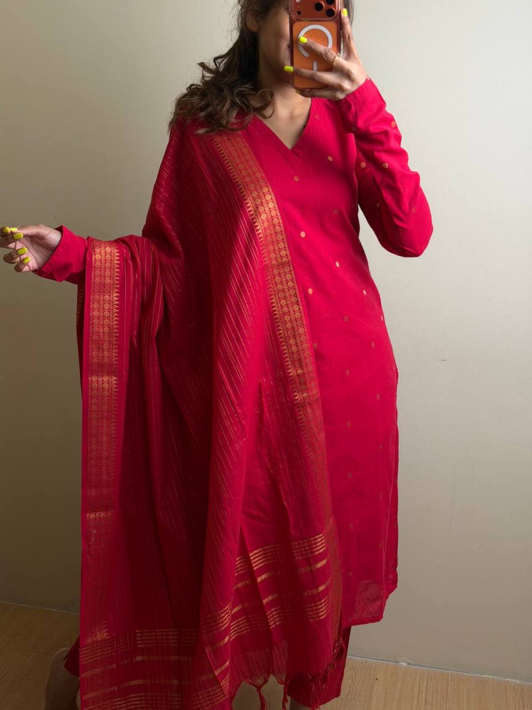 Red 3pc Cotton Kurti Suit