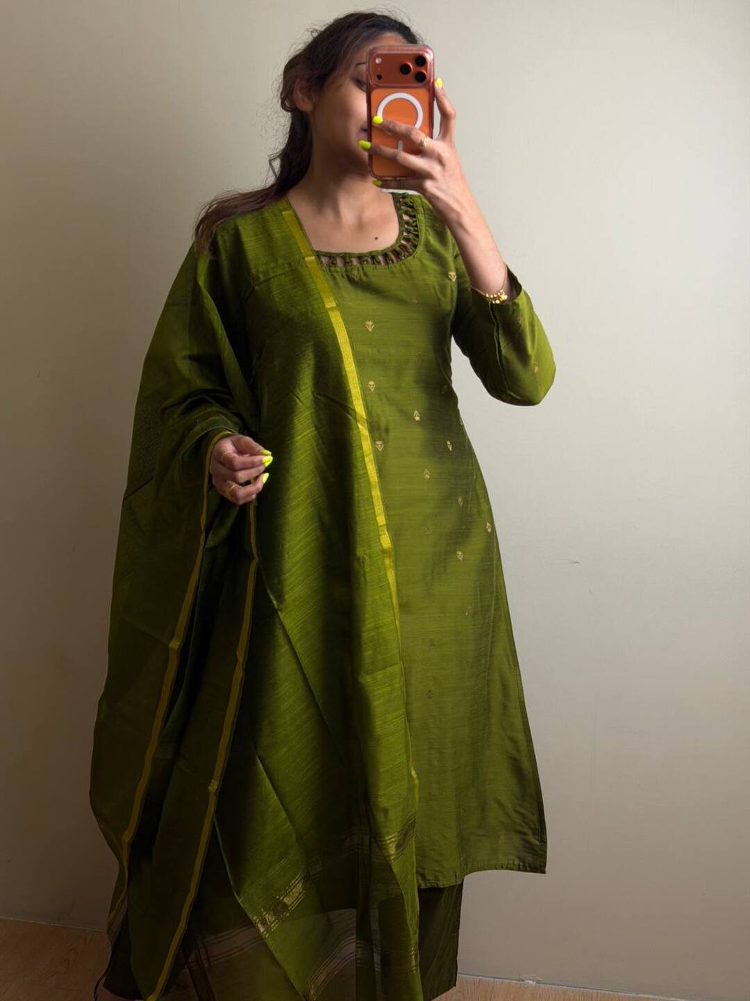 Olive Green 3pc Straight Cut Kurti Suit