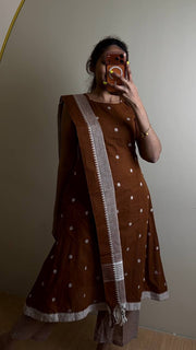 Brown A Line 3pc Cotton Kurti Suit