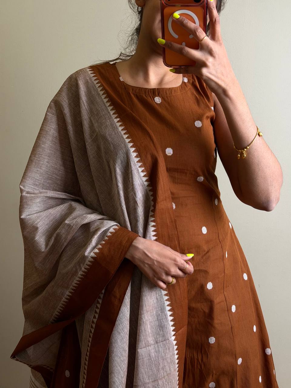 Brown A Line 3pc Cotton Kurti Suit