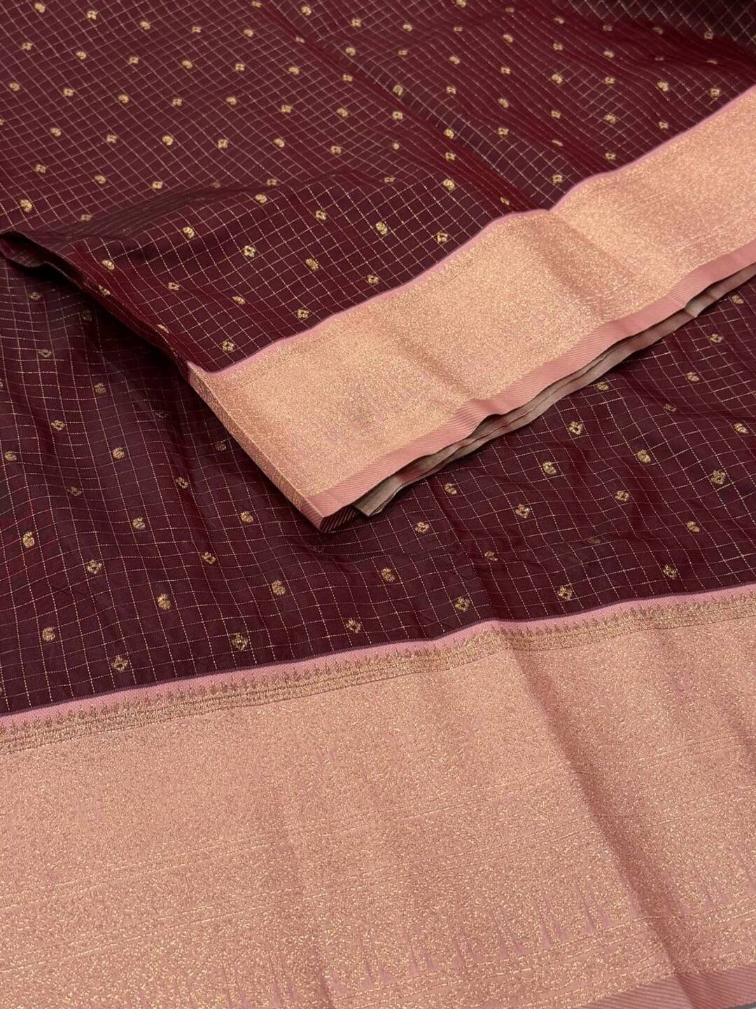 Maroon Checked Cotton Silk Saree