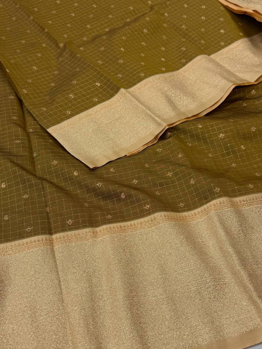 Olive Yellow Checked Cotton Silk Saree