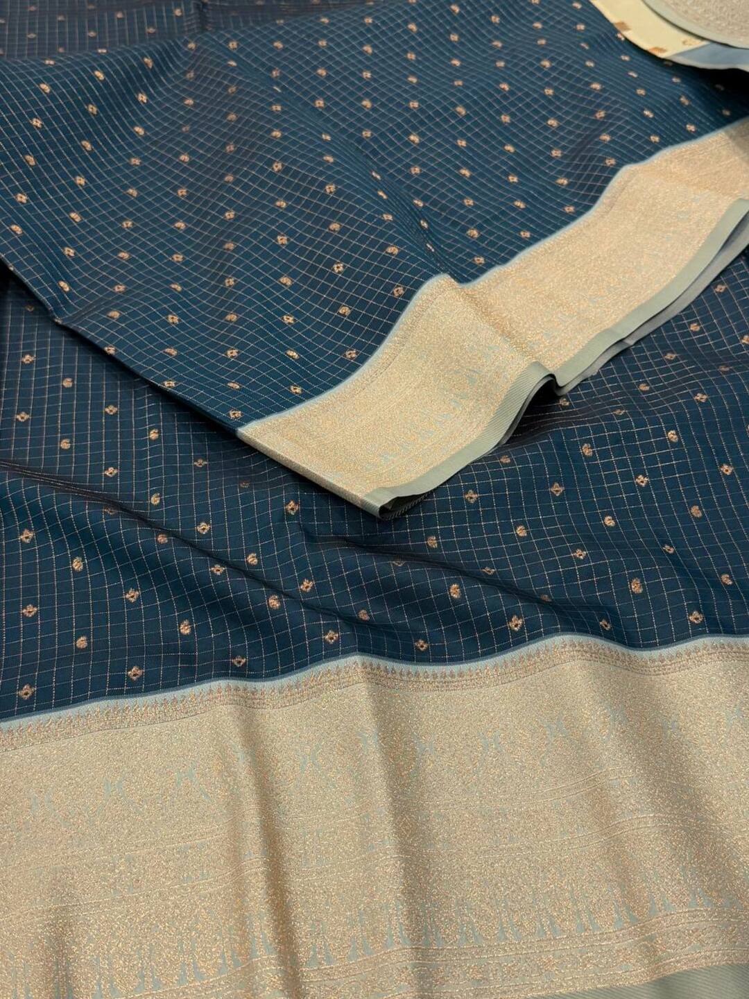Teal Blue Checked Cotton Silk Saree