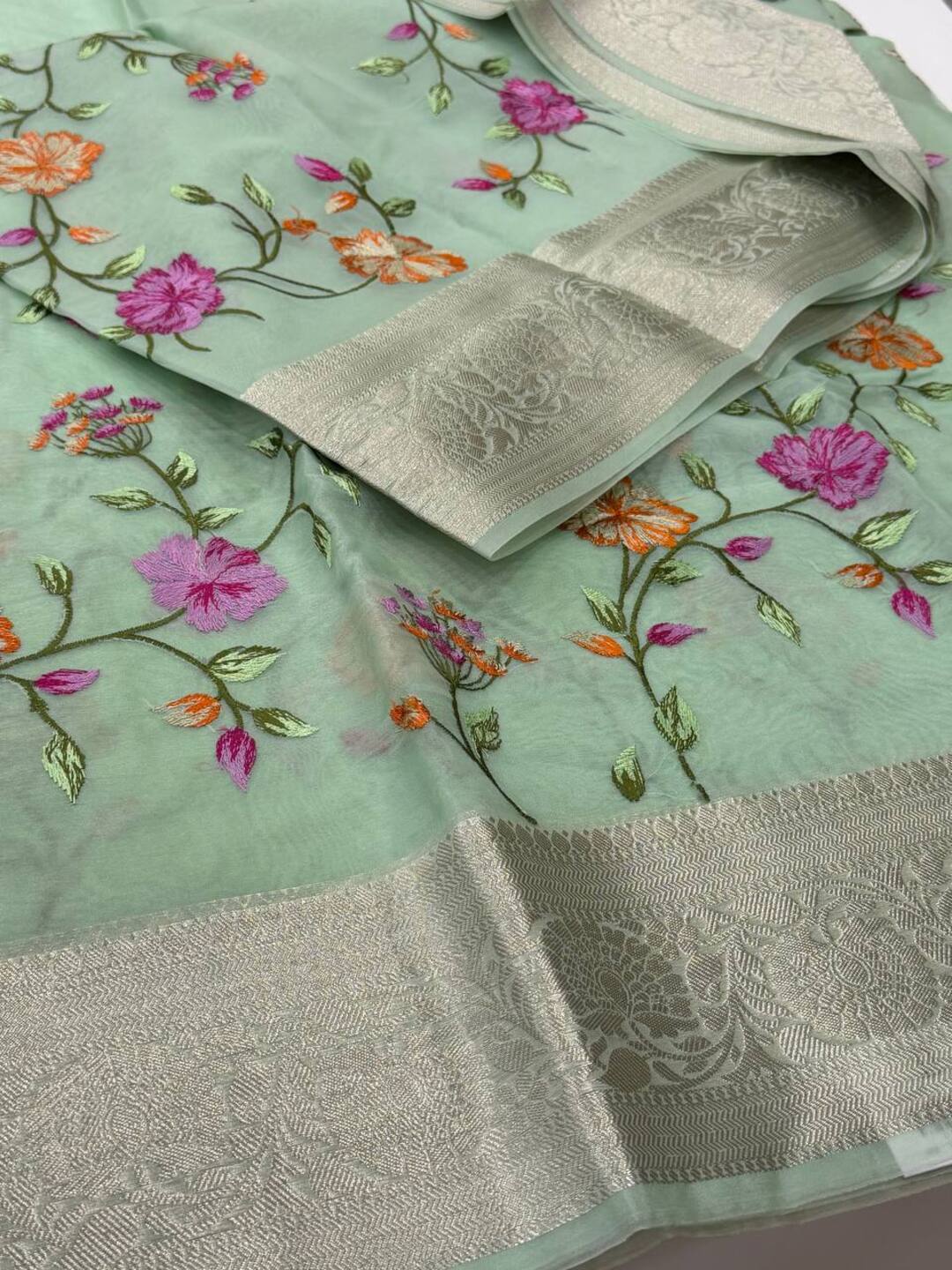 Mint Green Floral Organza Saree