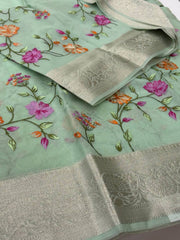 Mint Green Floral Organza Saree