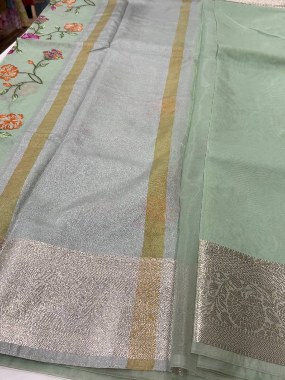Mint Green Floral Organza Saree