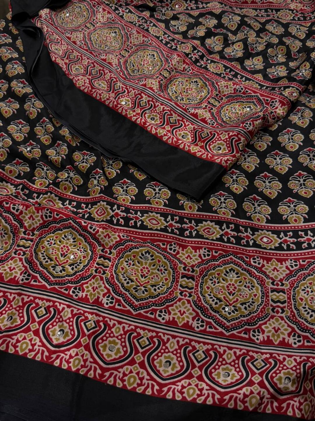 Black Ajrakh Mirror Printed  Satin Saree
