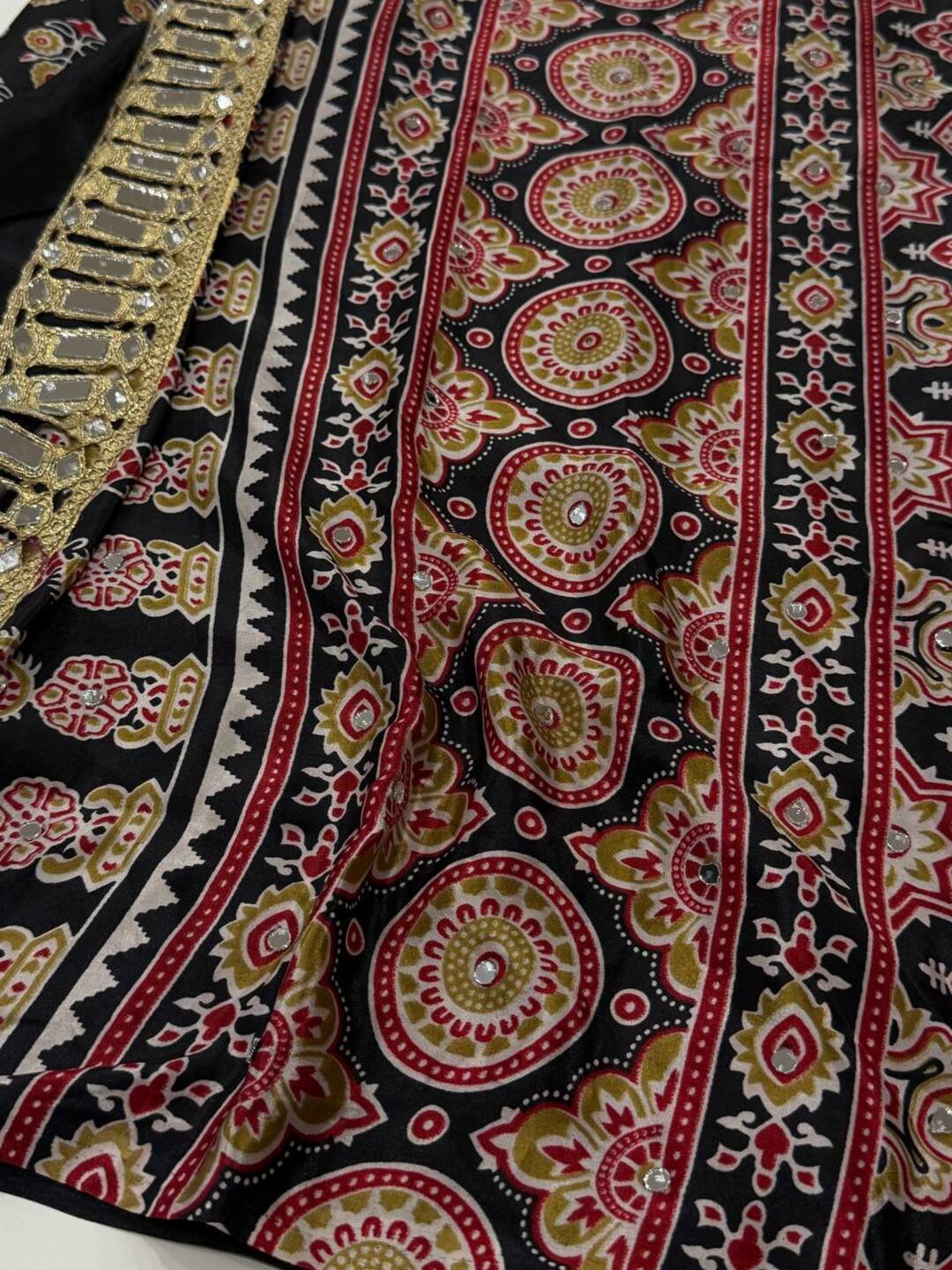 Black Ajrakh Mirror Printed  Satin Saree