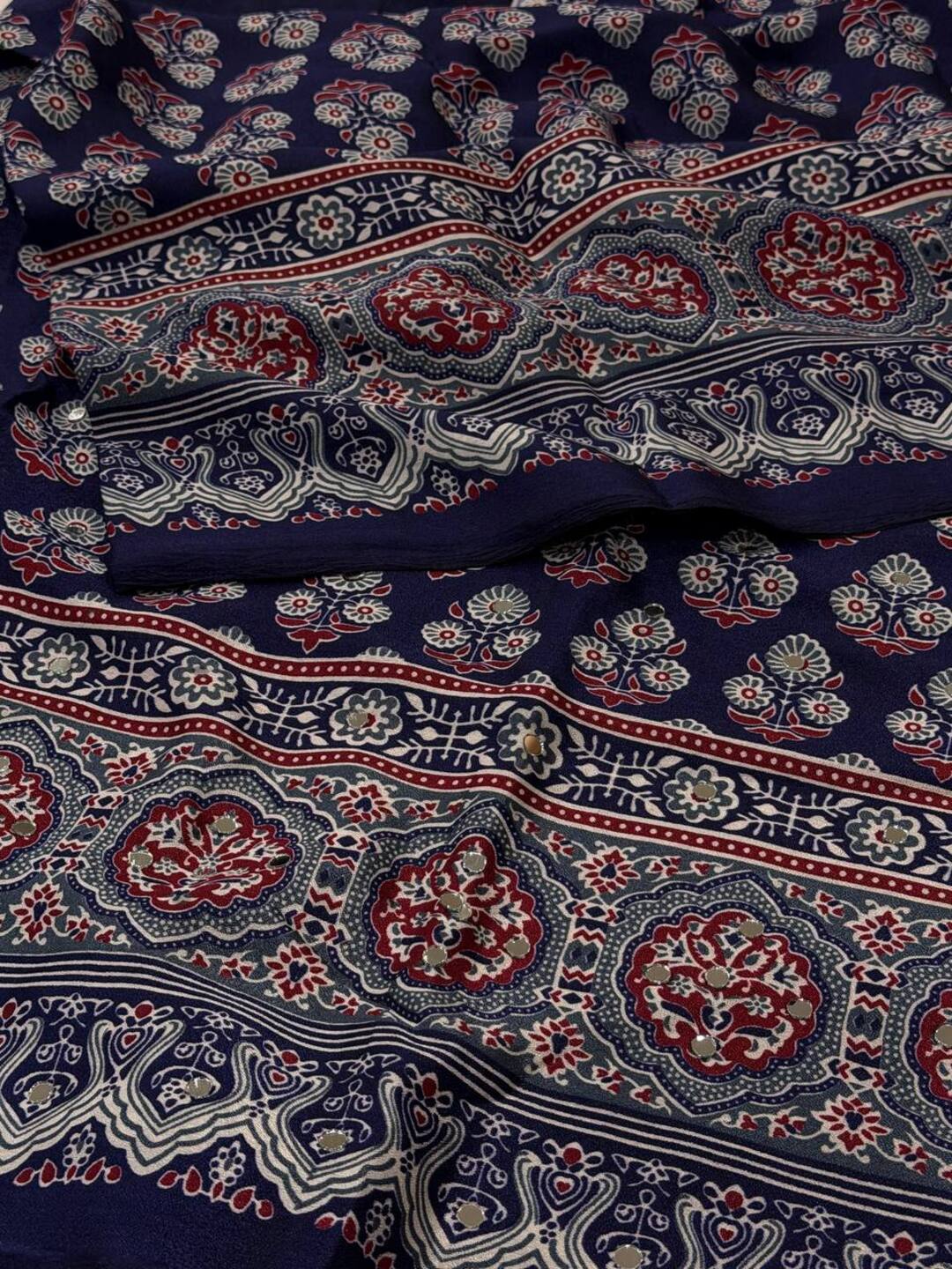 Navy Blue Ajrakh Mirror Printed  Satin Saree
