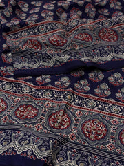 Navy Blue Ajrakh Mirror Printed  Satin Saree