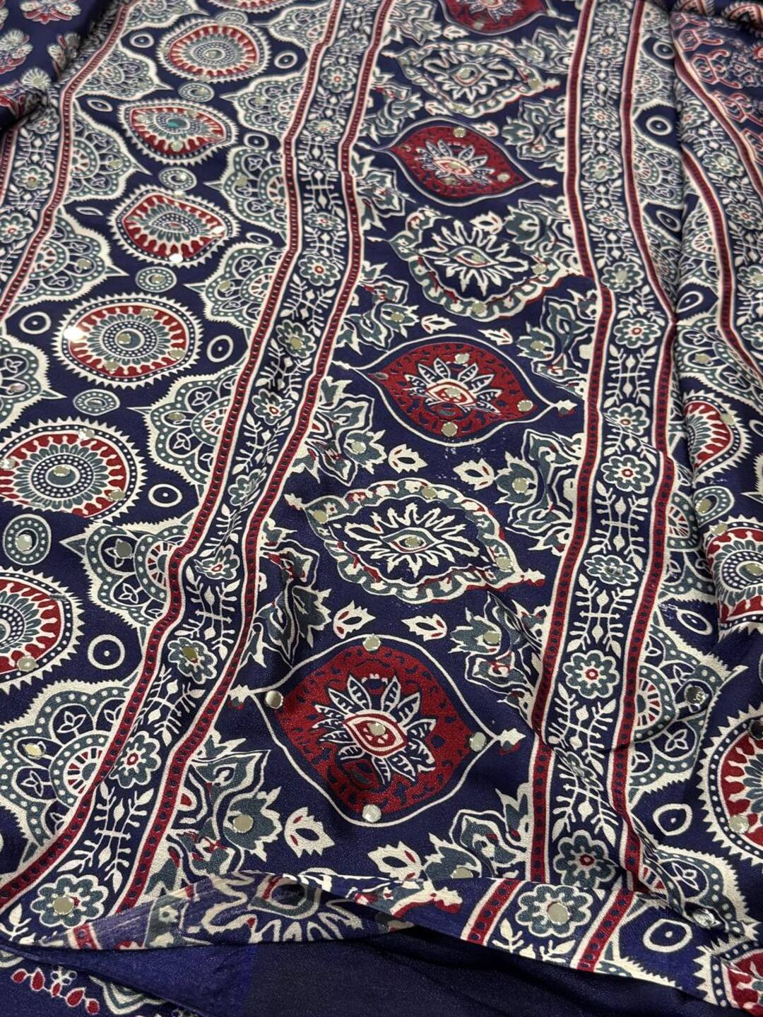 Navy Blue Ajrakh Mirror Printed  Satin Saree