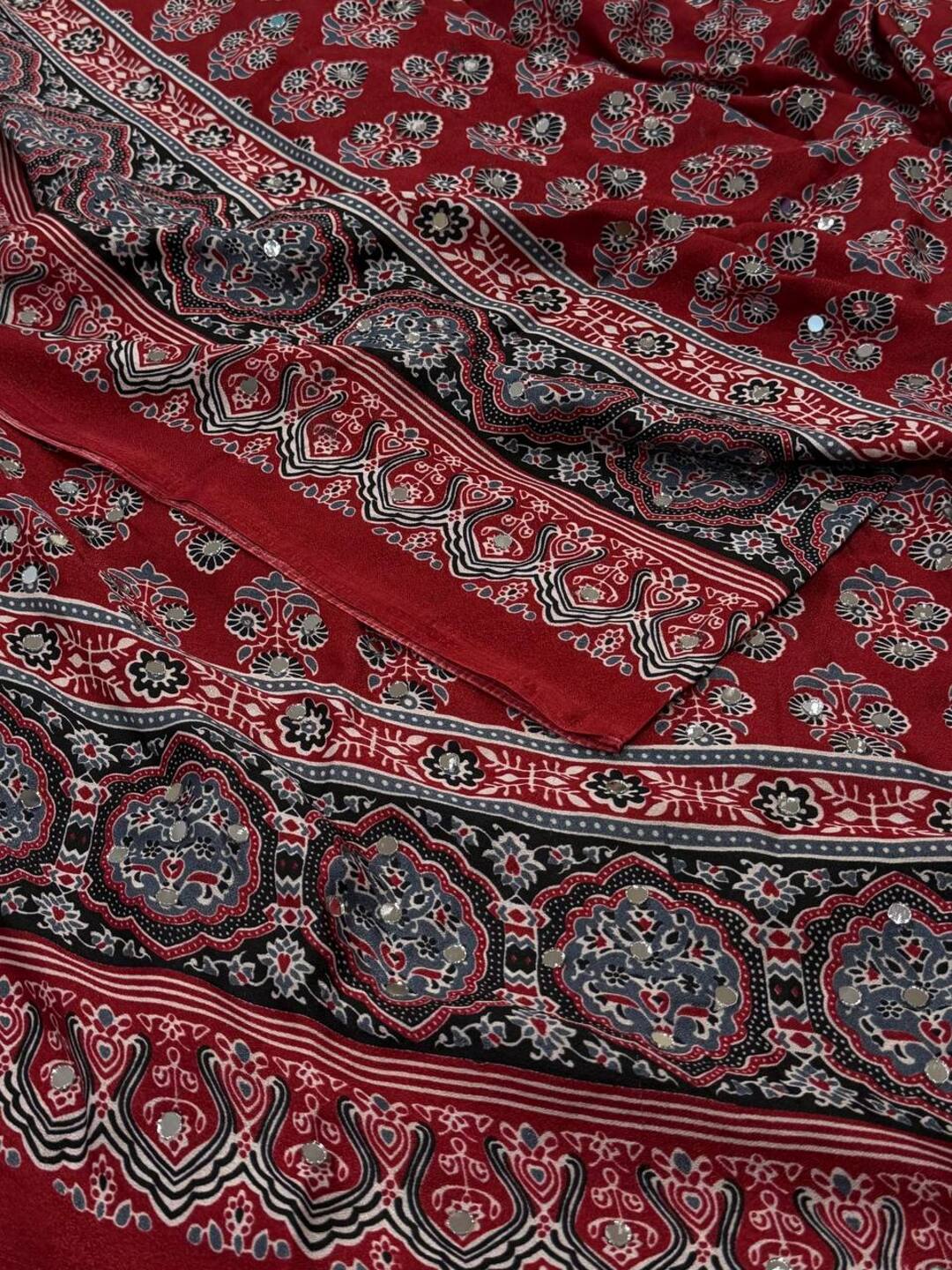Cherry Red Ajrakh Mirror Printed  Satin Saree