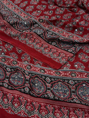 Cherry Red Ajrakh Mirror Printed  Satin Saree