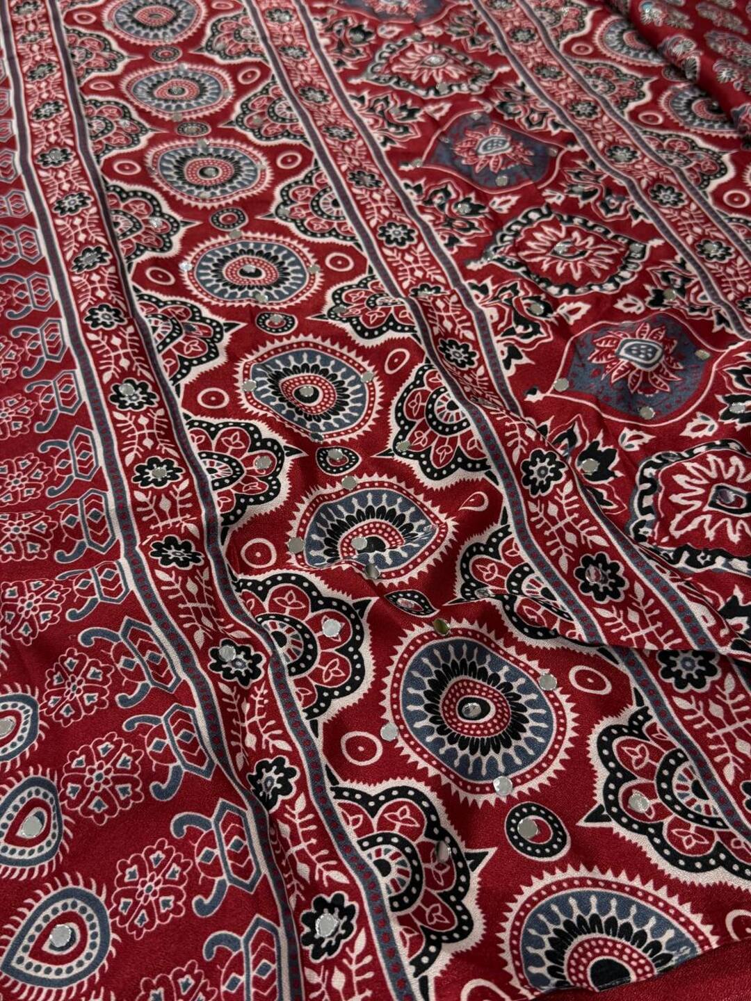 Cherry Red Ajrakh Mirror Printed  Satin Saree