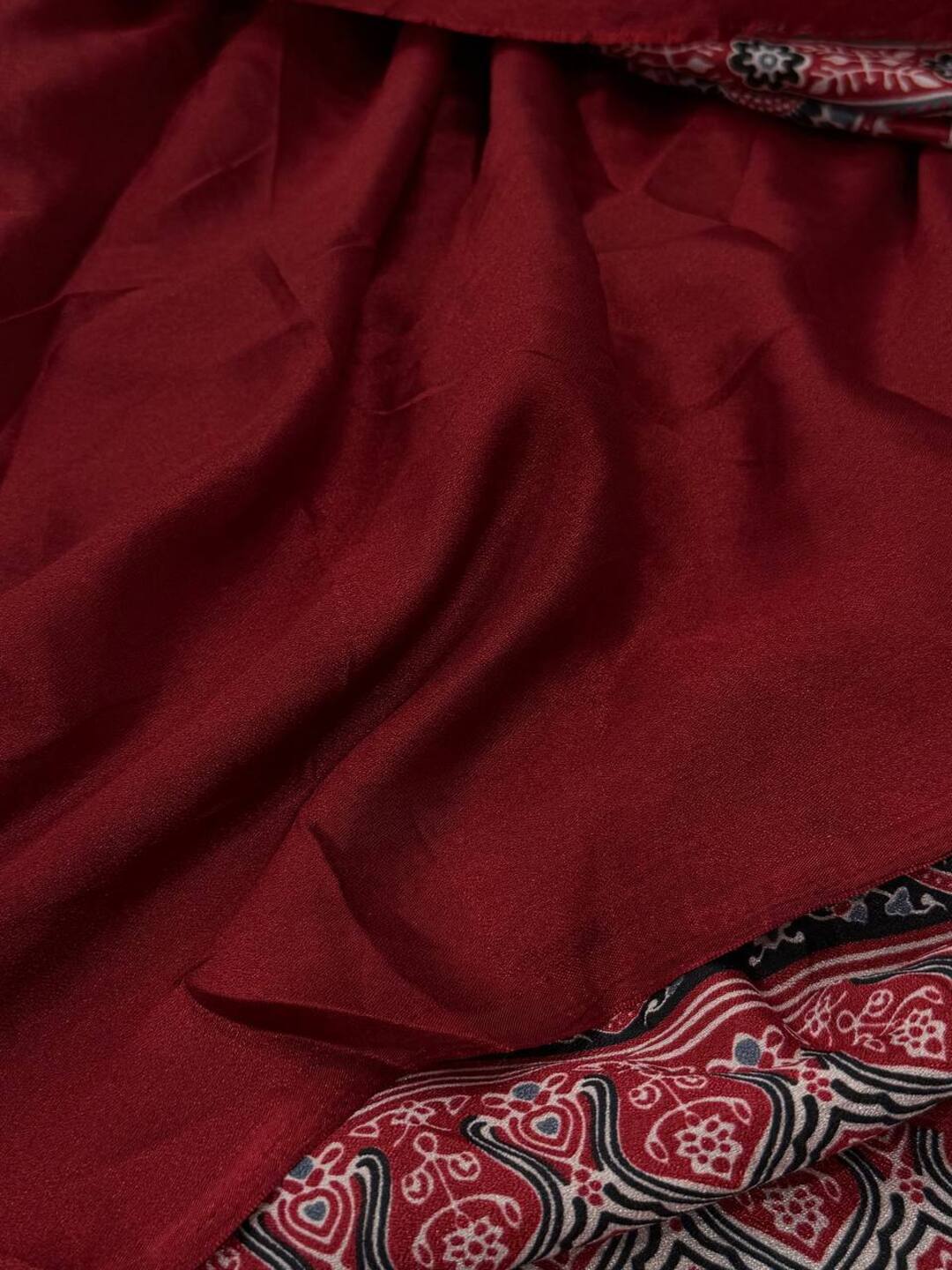Cherry Red Ajrakh Mirror Printed  Satin Saree