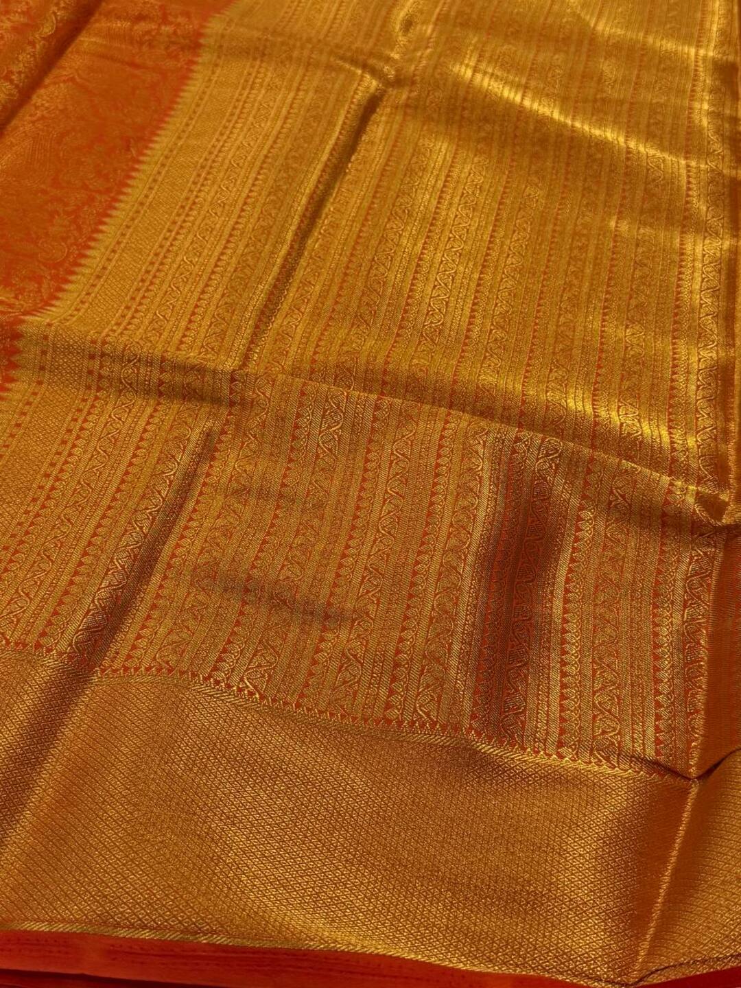 Golden Orange Red Full Zari Chiffon Saree