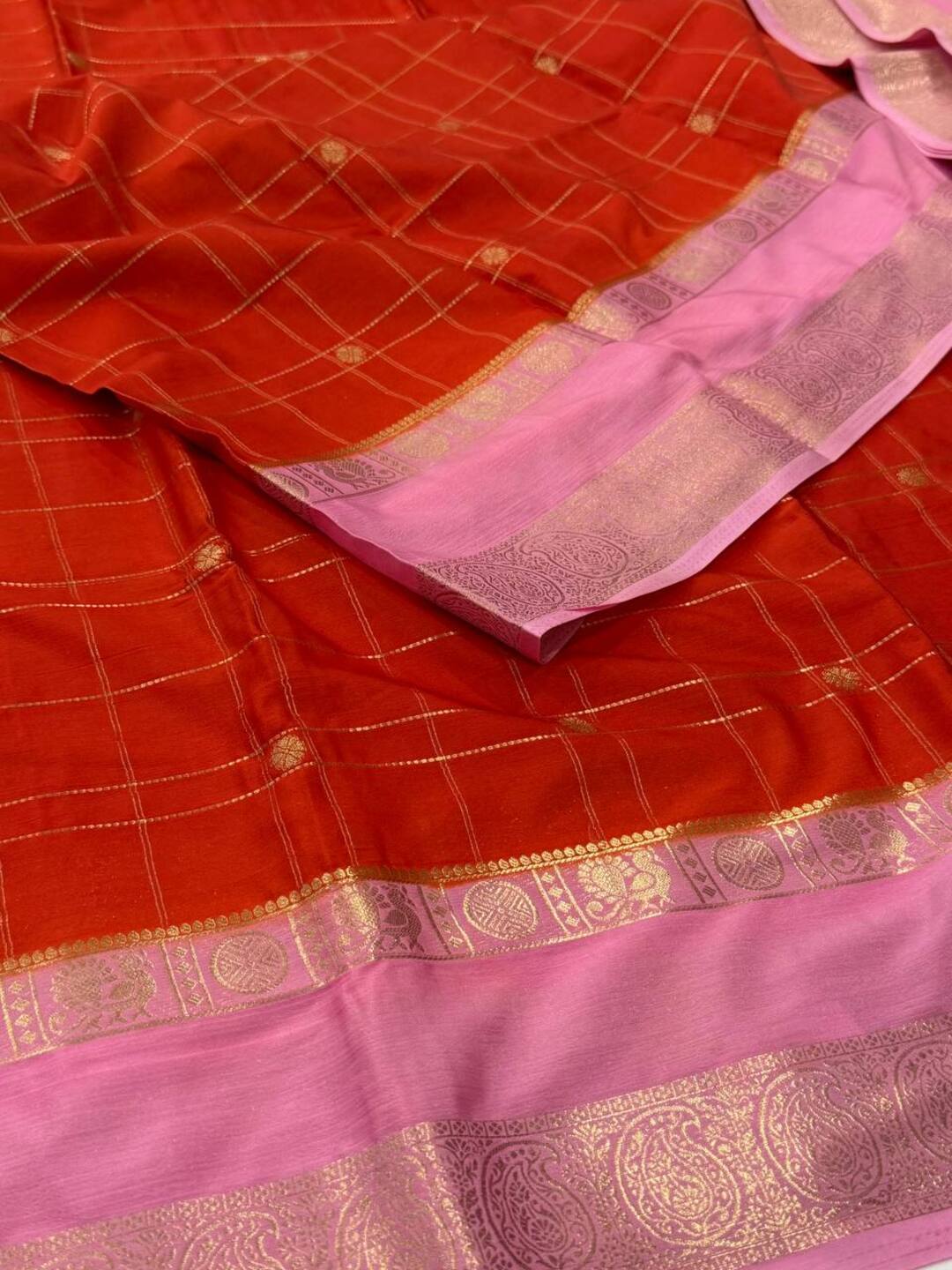 Orange Checked Semi Mysore Chiffon Saree