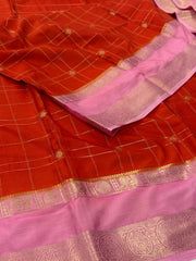 Orange Checked Semi Mysore Chiffon Saree