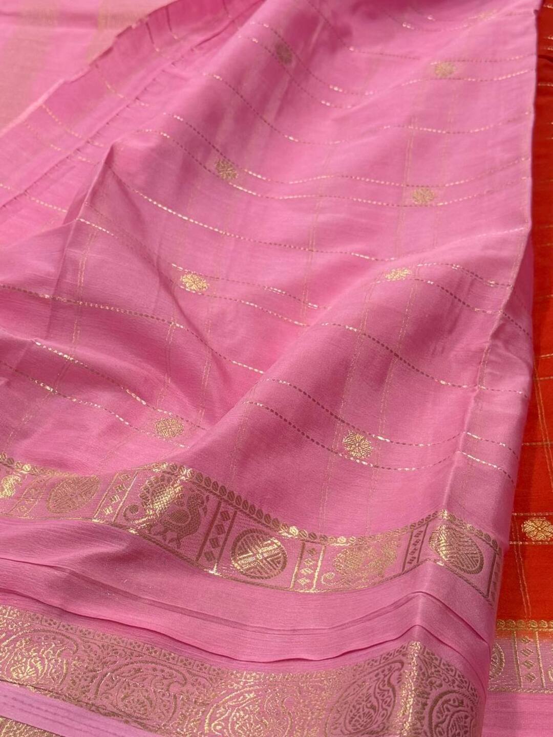 Orange Checked Semi Mysore Chiffon Saree