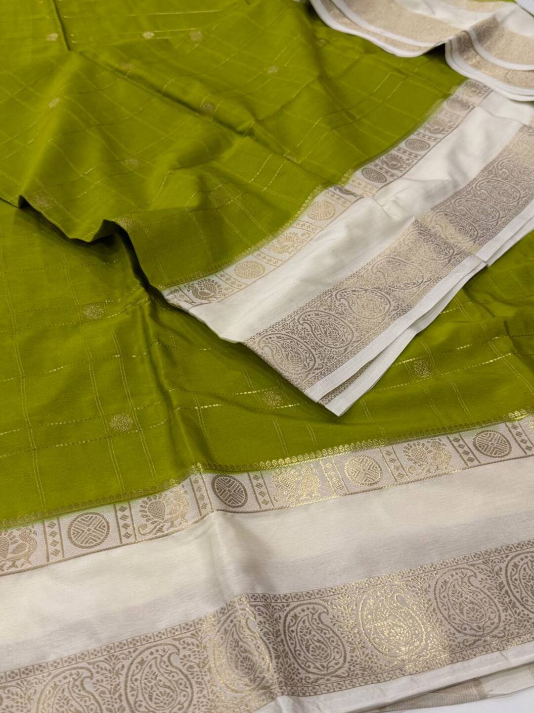 Apple Green Checked  Semi Mysore Chiffon Saree