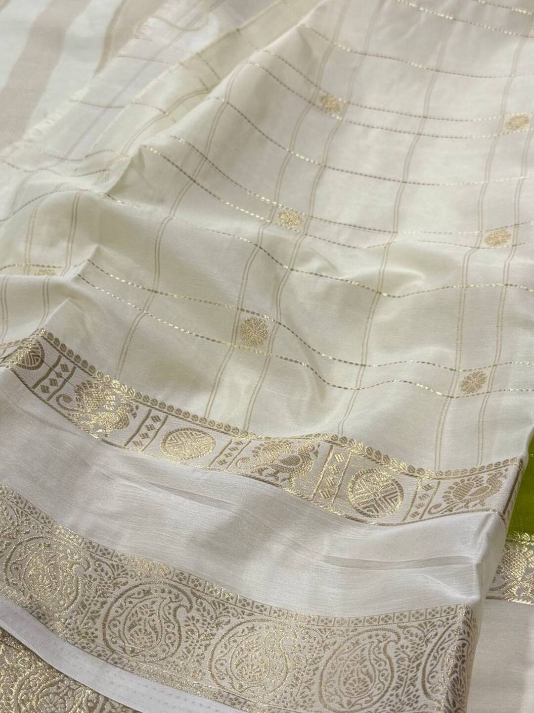 Apple Green Checked  Semi Mysore Chiffon Saree