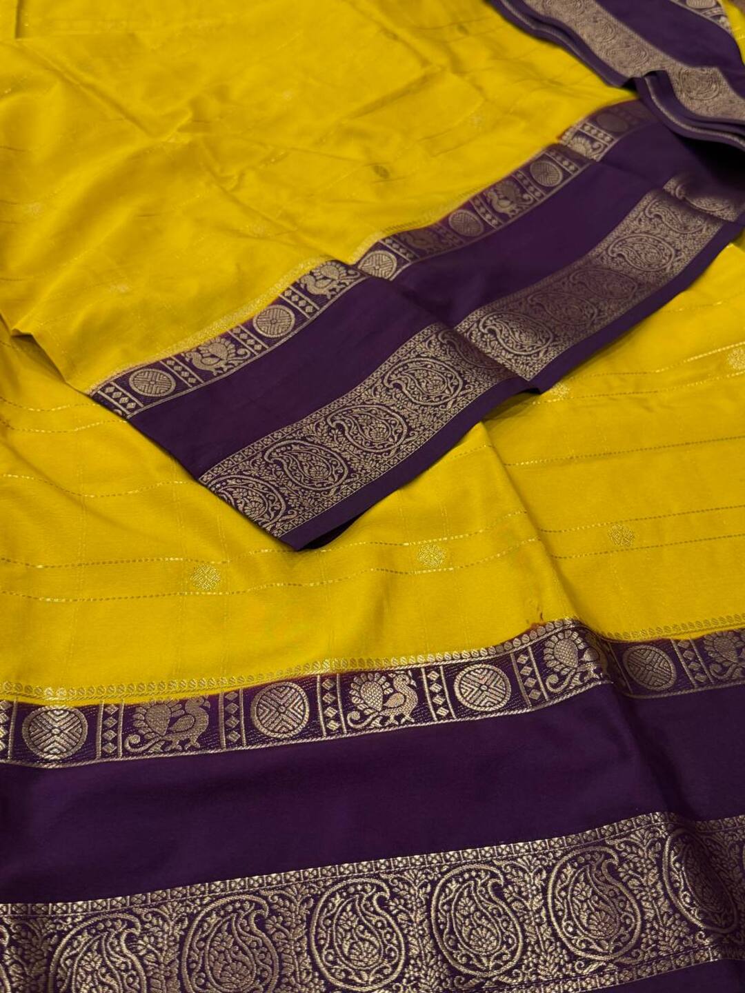 Yellow Checked Semi Mysore Chiffon Saree