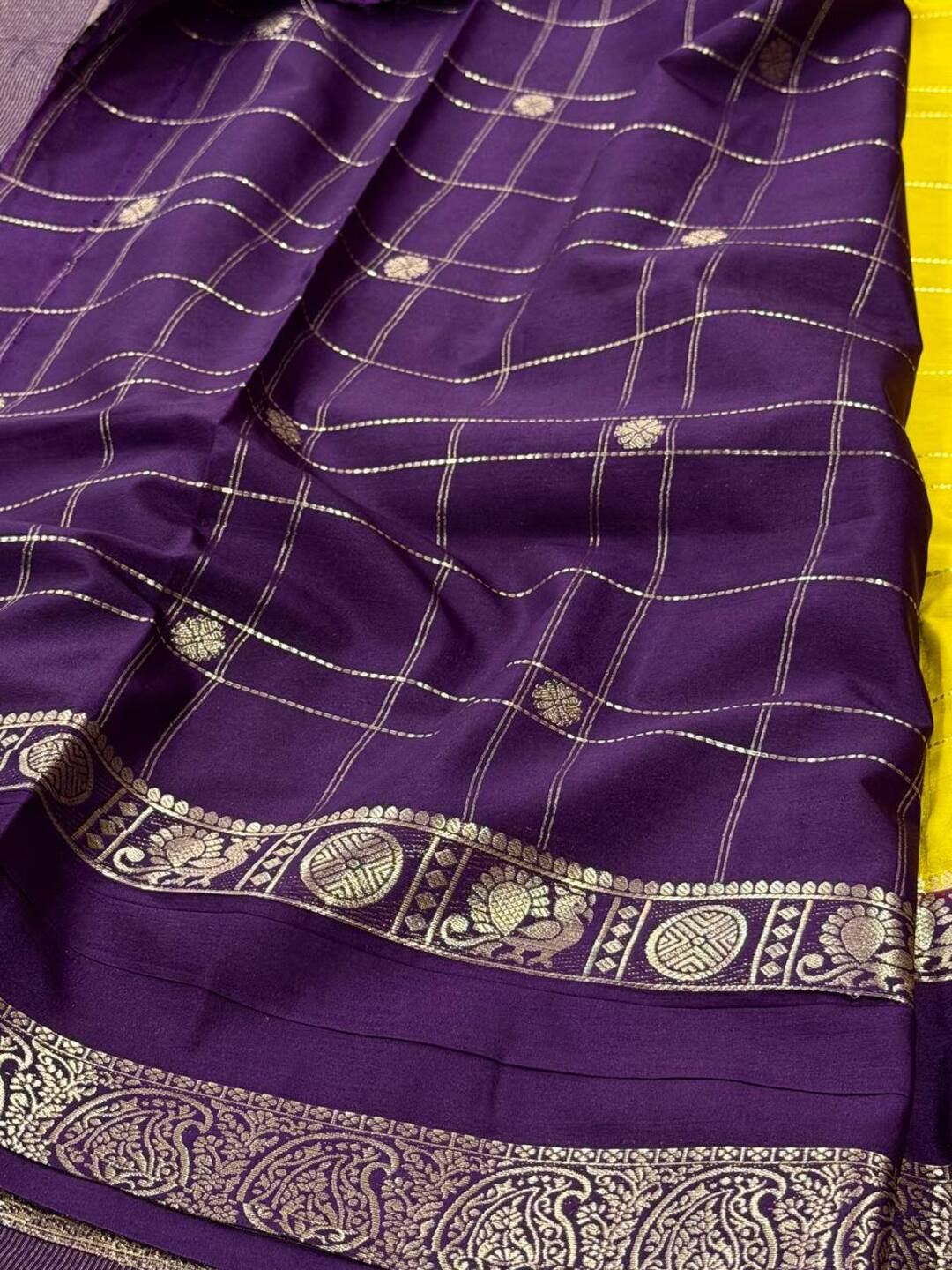 Yellow Checked Semi Mysore Chiffon Saree