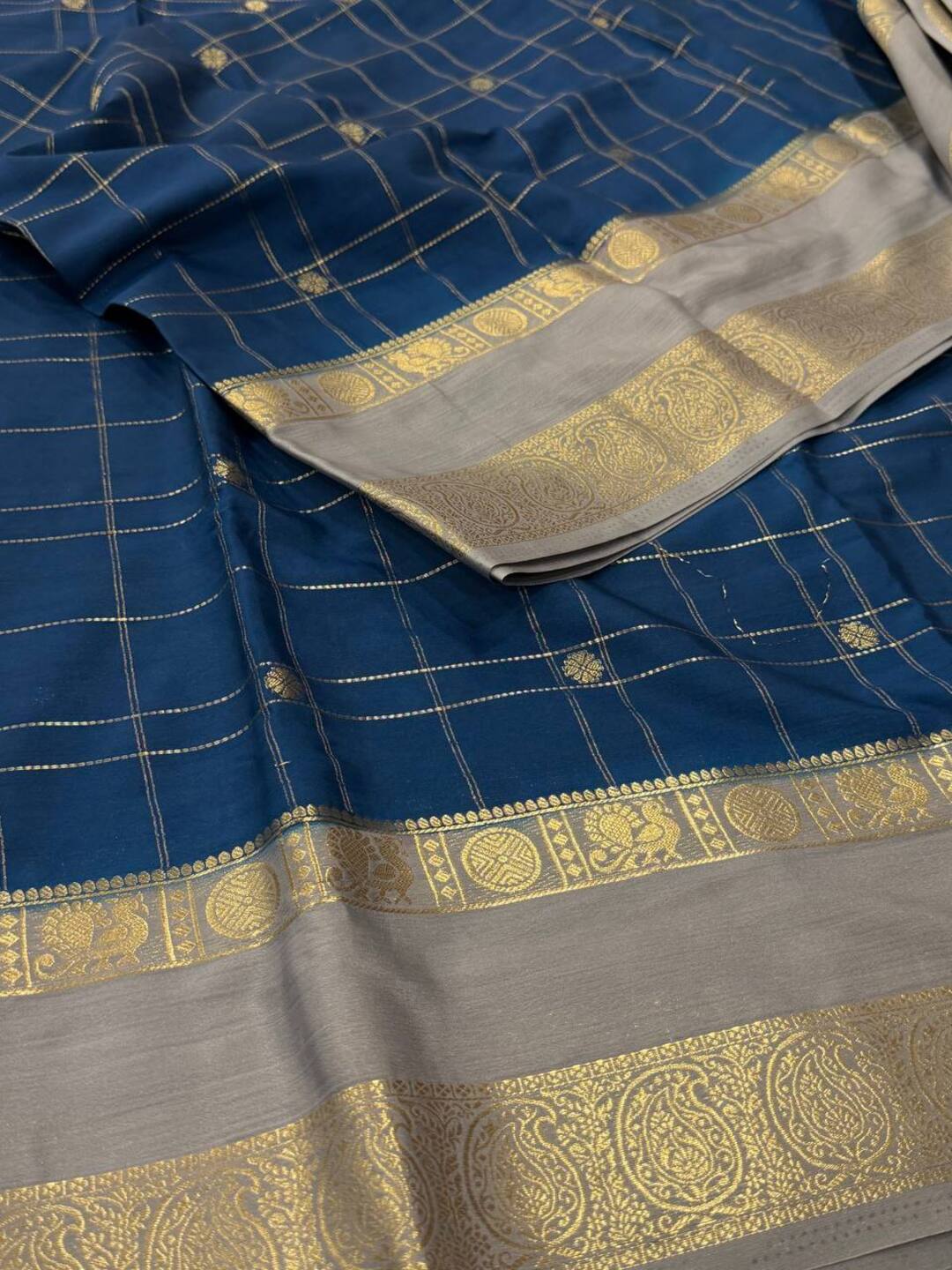 Teal Blue Checked Semi Mysore Chiffon Saree
