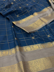 Teal Blue Checked Semi Mysore Chiffon Saree