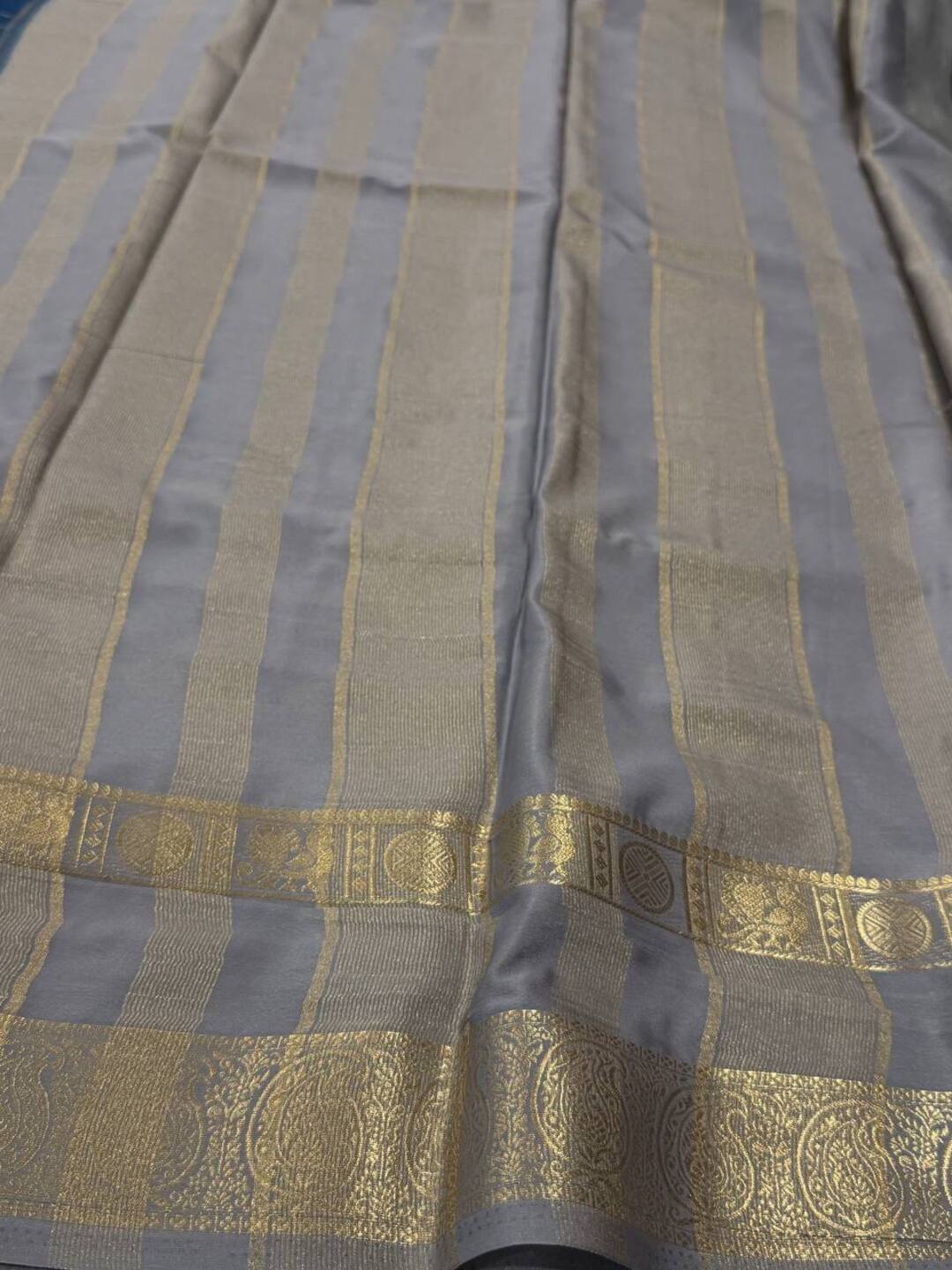 Teal Blue Checked Semi Mysore Chiffon Saree