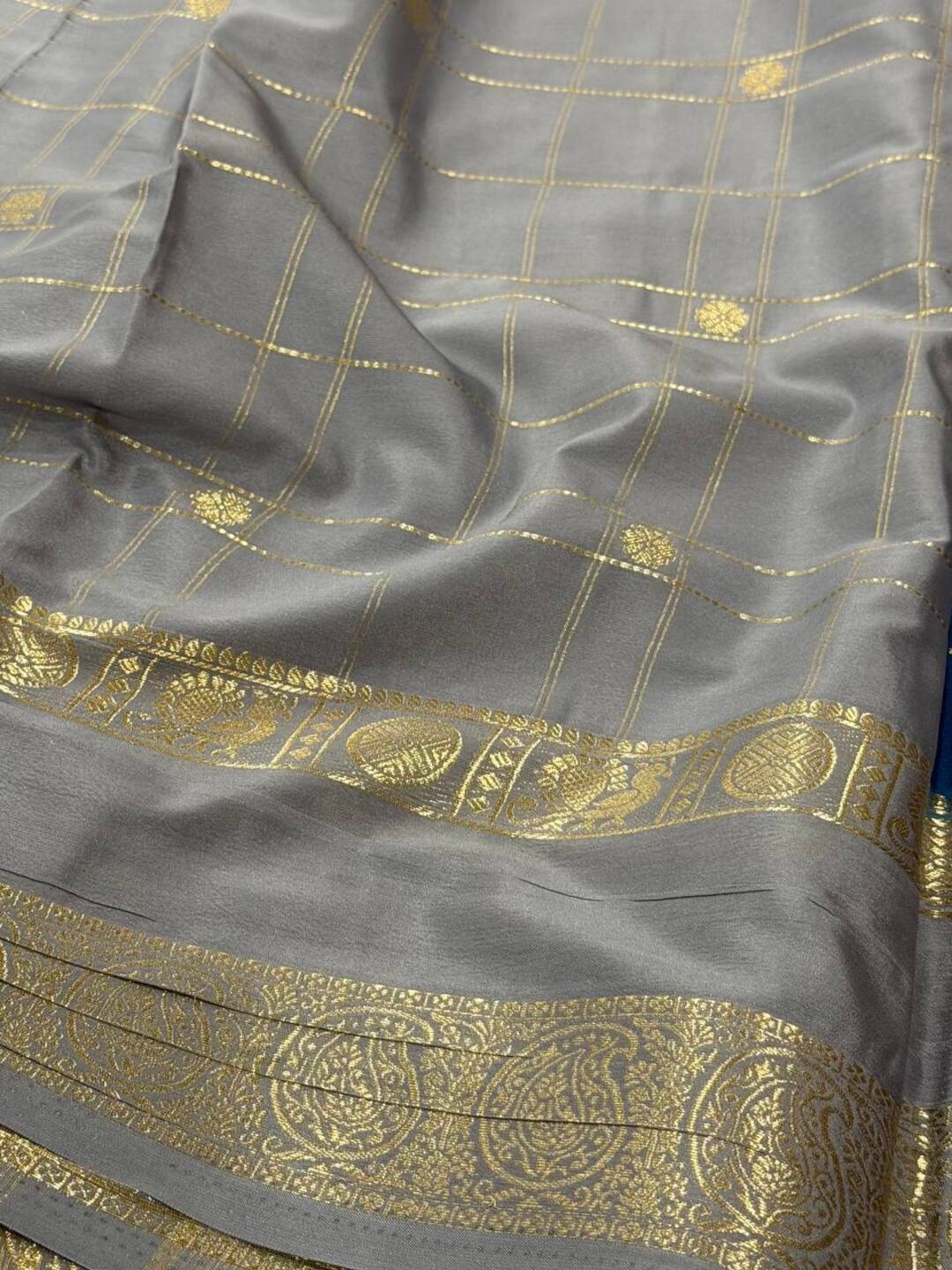 Teal Blue Checked Semi Mysore Chiffon Saree